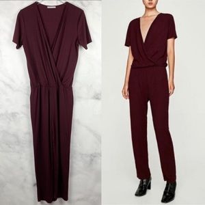 Zara Trafaluc Ribbed Stretch-Knit Plunge Faux-Wrap Knit Jumpsuit Burgundy Boho L